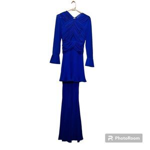 Self Portrait Cobalt Blue Cross Front Maxi Dress Pleated Sheer $550 Luxury Sz 4